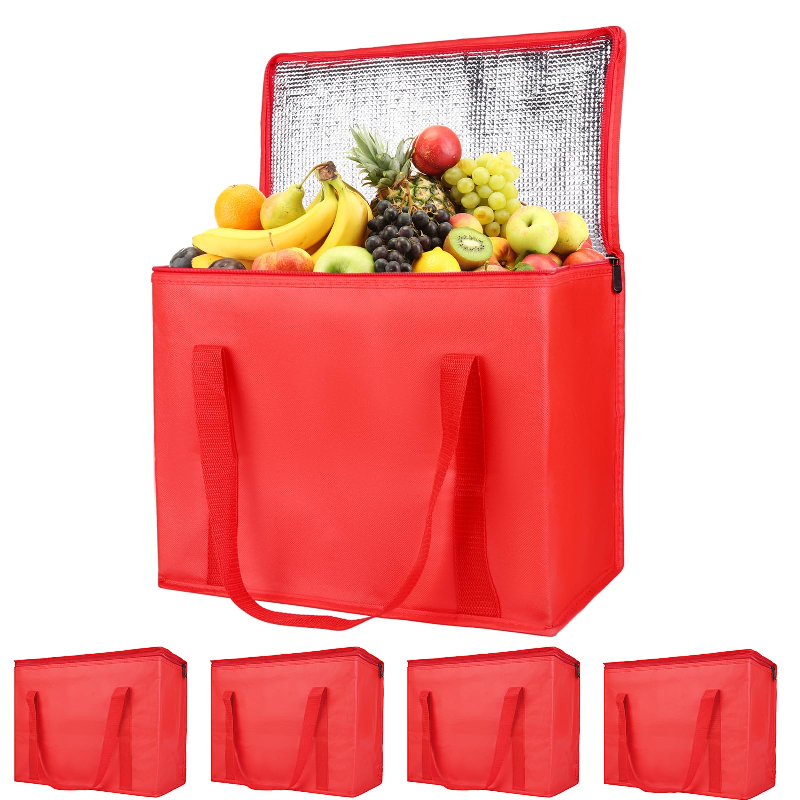 Bodaon 5-Pack Cooler Insulated Food Delivery Bag, X-Large Bags for Grocery/Catering/Shopping, Rideshare Delivery Bag, Thermal Hot Pizza, Large Cold and Frozen Accessories, XL Tote, Red