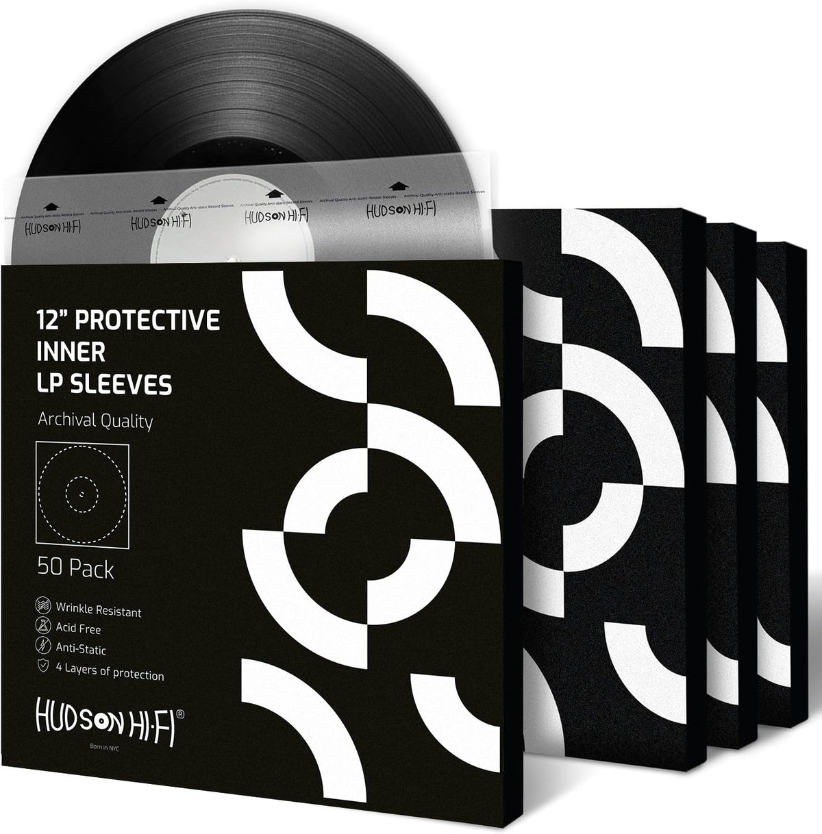 Hudson Hi-Fi Anti-Static Vinyl Record Sleeves - Durable Clear Disc Sleeves- Protect Your LP Albums from Scratches, Dust & Dirt - Acid-Free Rice Paper Disc Covers, 50x Inner Sleeves