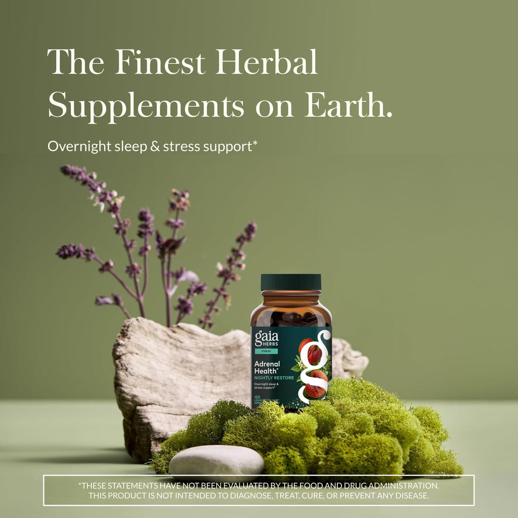 Gaia Herbs Adrenal Health Nightly Restore - Herbal Supplement with Ashwagandha, Magnolia Bark, Cordyceps, Lemon Balm & More* - 60 Vegan Liquid Phyto-Caps (30 Servings)