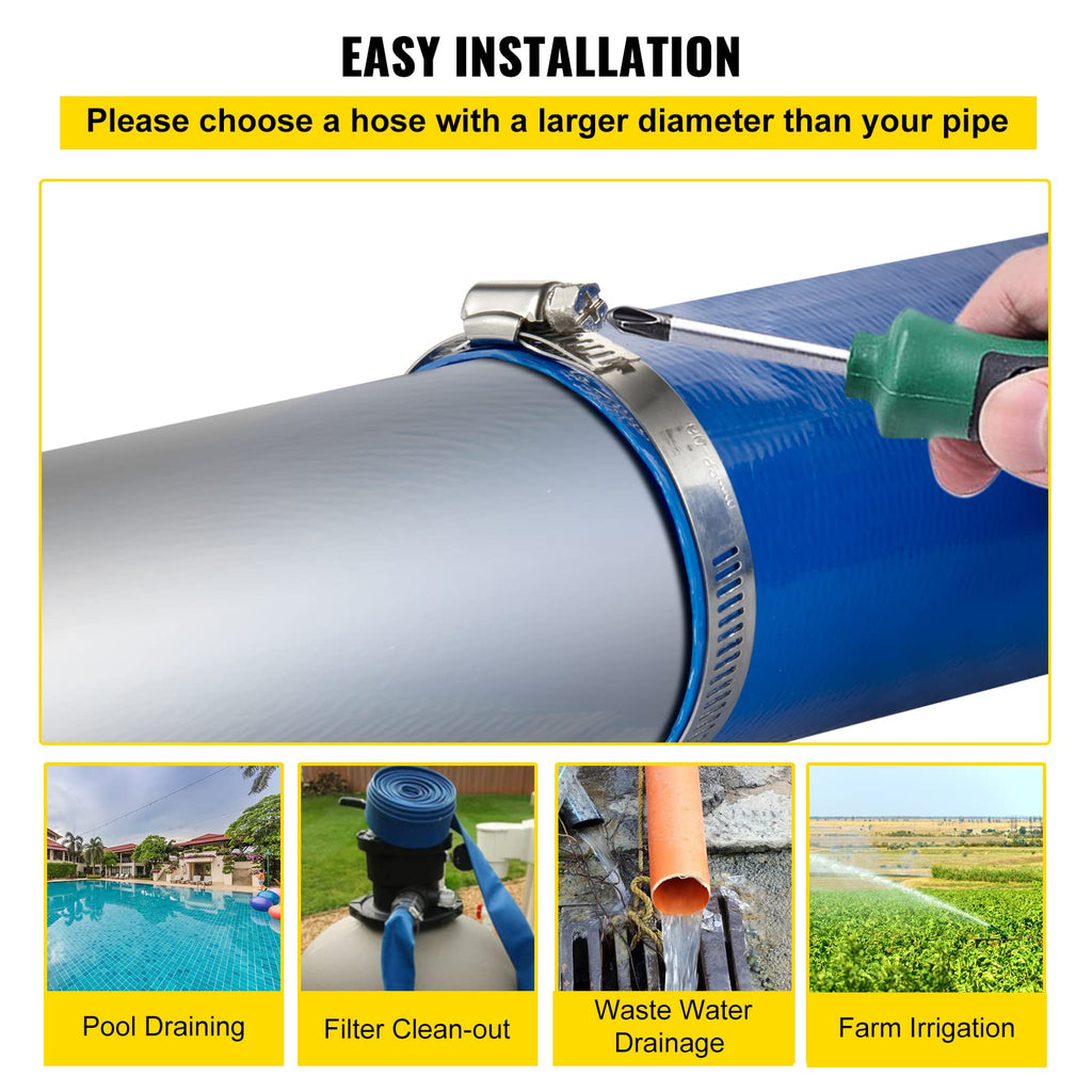 VEVOR Discharge Hose, 4' x 105', PVC Lay Flat Hose, Heavy Duty Backwash Drain Hose with Clamps, Weather-proof & Burst-proof, Ideal for Swimming Pool & Water Transfer, Blue