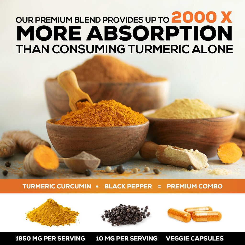 Turmeric Curcumin Supplement 95% Curcuminoids 1950mg with Organic Turmeric & BioPerine Black Pepper Extract for Best Absorption, Natural Vegan Joint Support, Non-GMO, Bottled in USA - 240 Capsules