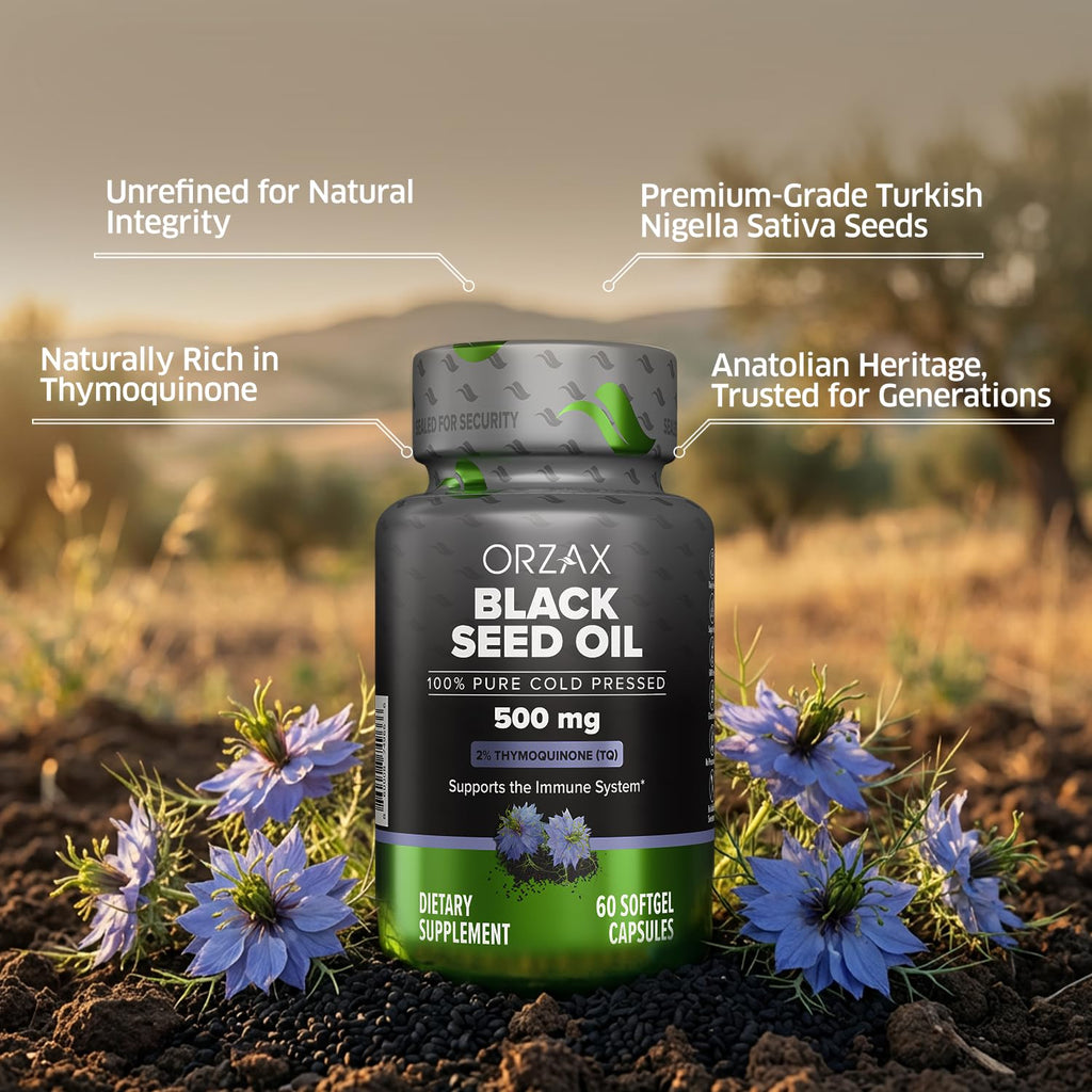 ORZAX Black Seed Oil Cold Pressed 100% Pure | Non-GMO - Rich in Omega 3 6 9 & Thymoquinone | Black Cumin Nigella Sativa Oil for Immune Support, Hair, Skin, Face (500 mg - 60 Softgel Capsules)