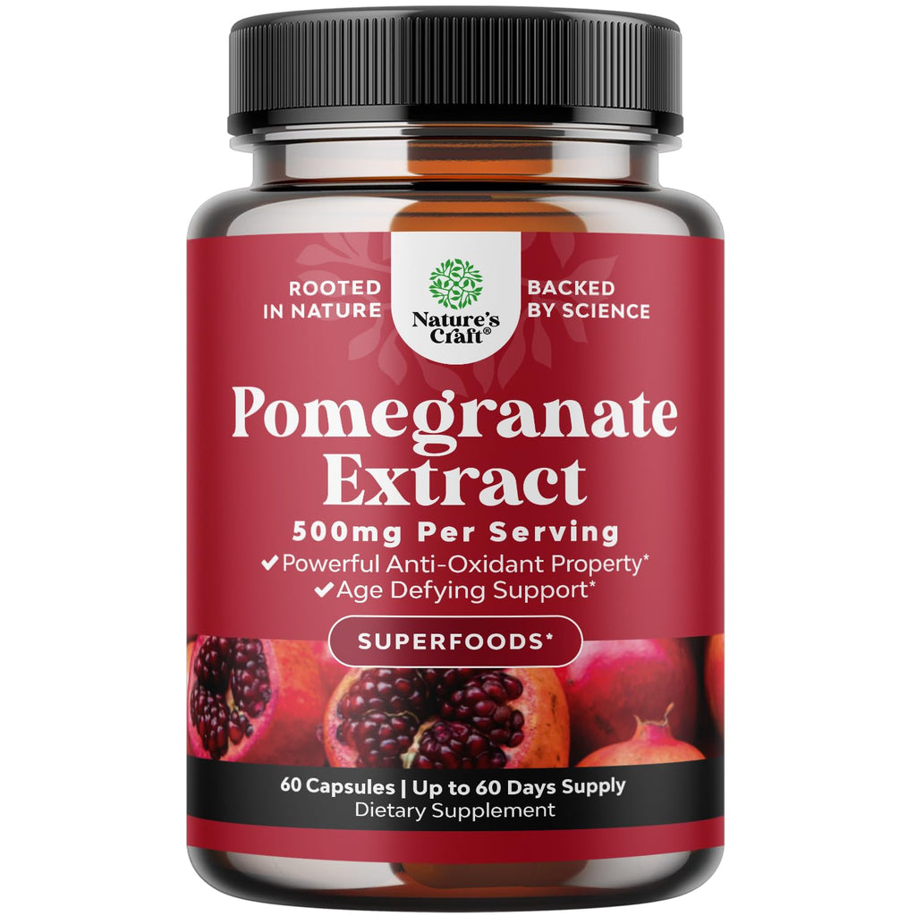 Pomegranate Extract Capsules Antioxidant Supplement - Natural Pomegranate Capsules for Heart Health Joint Support and Pre Workout for Men and Women - Nitric Oxide Supplement with Brain Health Vitamins