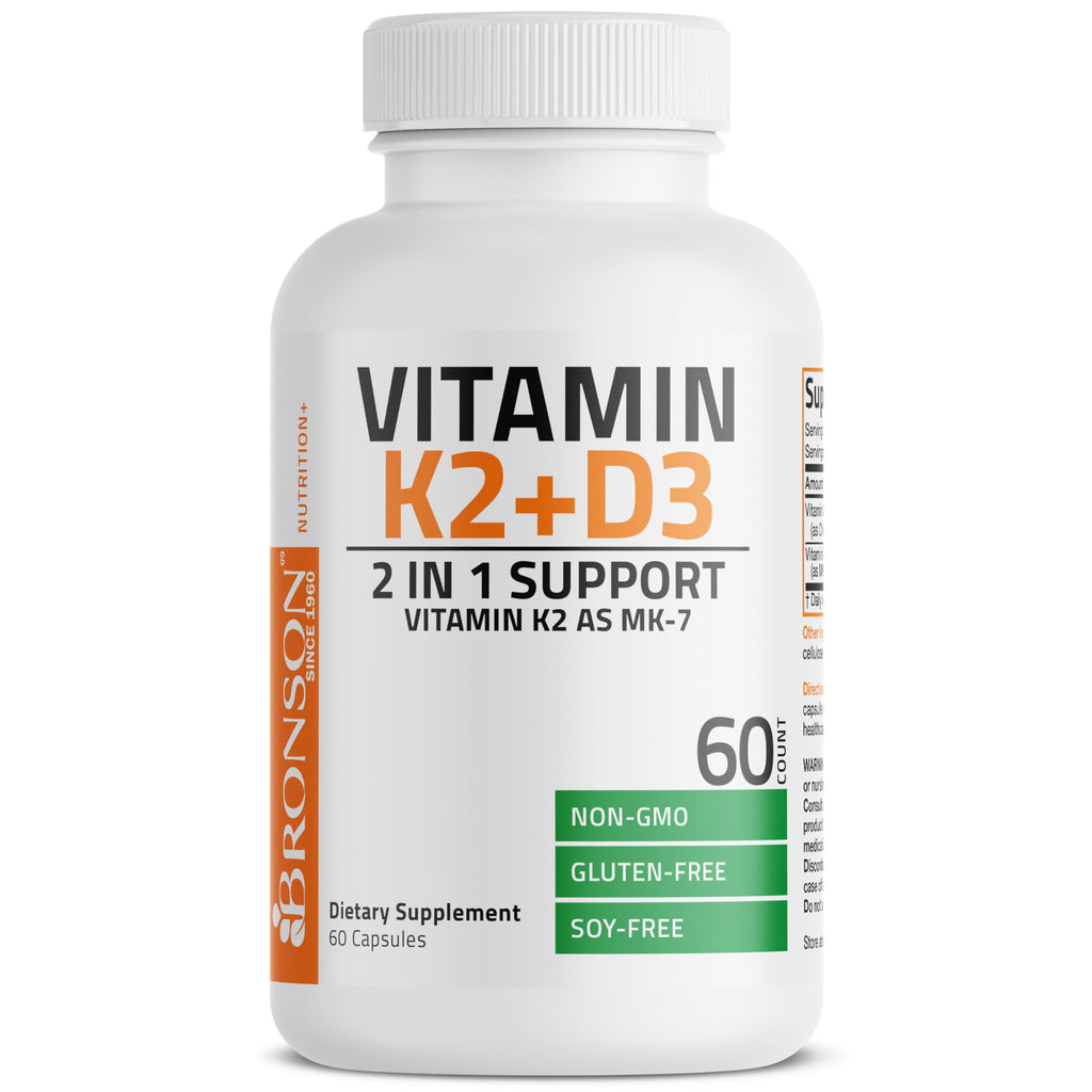 Bronson Vitamin K2 D3 (MK7) Supplement Non-GMO Formula Vitamin D3 5000IU (125 mcg) & 90 mcg K2 MK-7, Easy to Swallow D & K Complex, 60 Capsules