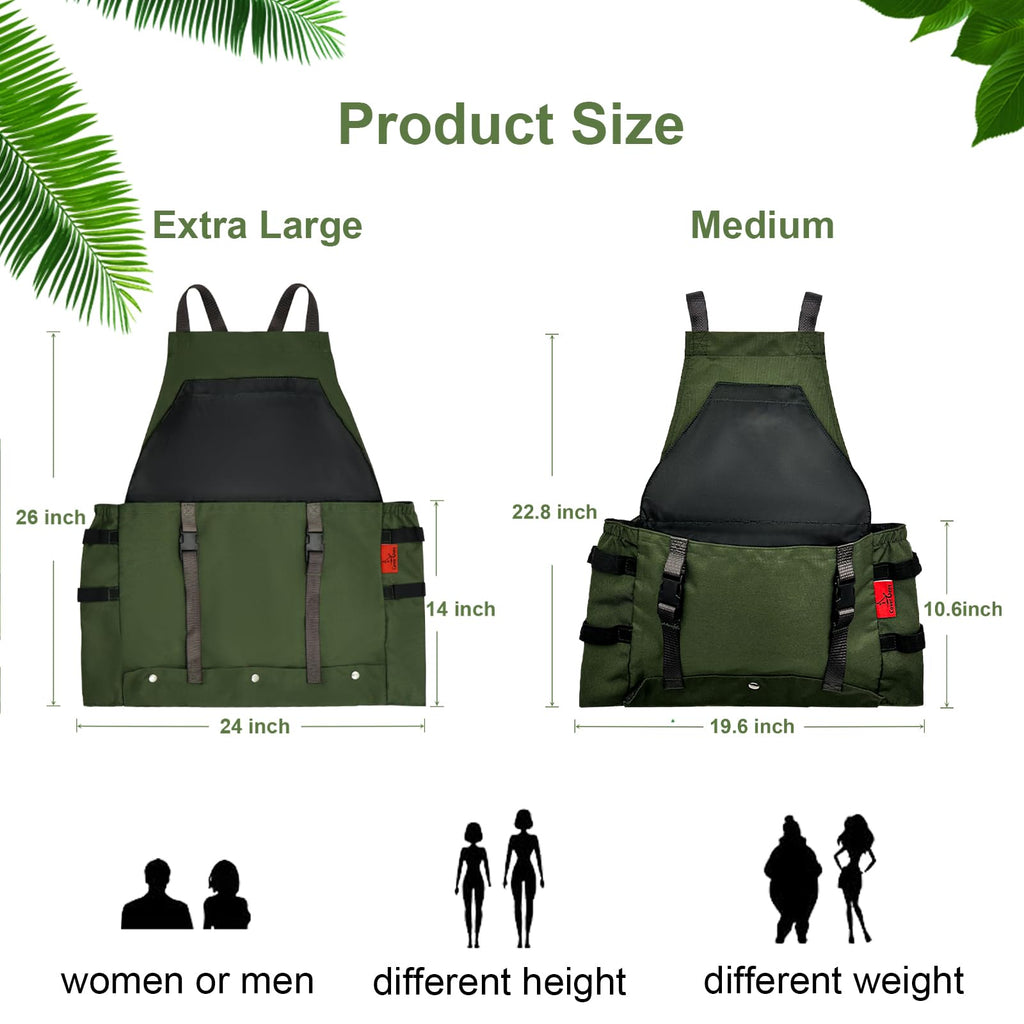 Extra Gardening Apron Waterproof Cross Back Apron Women, 600D Polyester Heavy Duty Men Apron Harvest Bag, Over 30% Larger Than Standard Models, Adjustable Straps and Large Quick Release Pockets Green