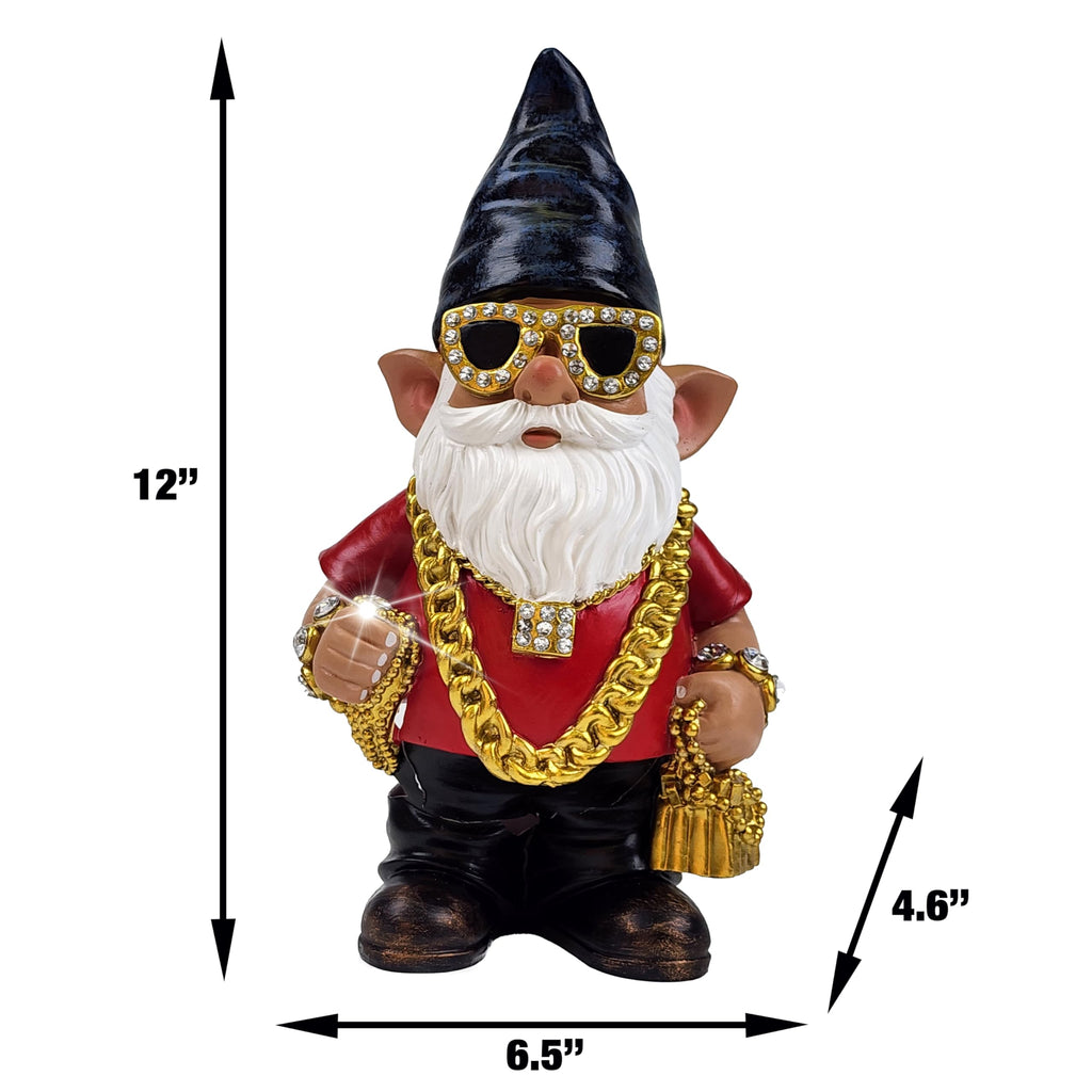 Better Office Products Garden Gnome Statue, 12" Height, Handcrafted Waterproof, UV-Resistant Polyresin Lawn Patio Porch Ornament Decoration (Bling Rapper with Solar Light)