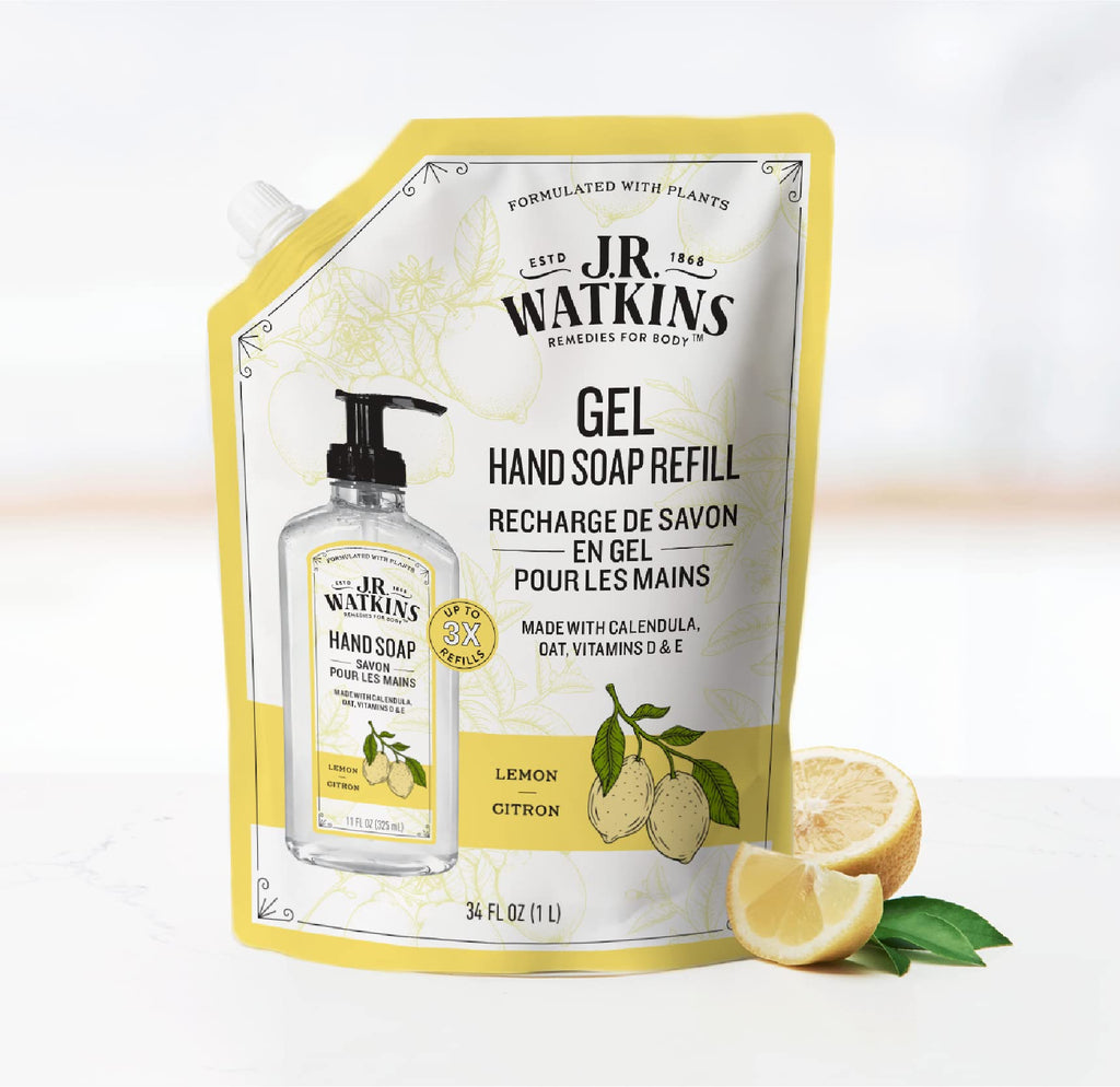 J.R. Watkins Gel Hand Soap Refill, Moisturizing Hand Wash, Alcohol-Free, Cruelty-Free, Lemon, 34 Fl Oz, 3 Pack