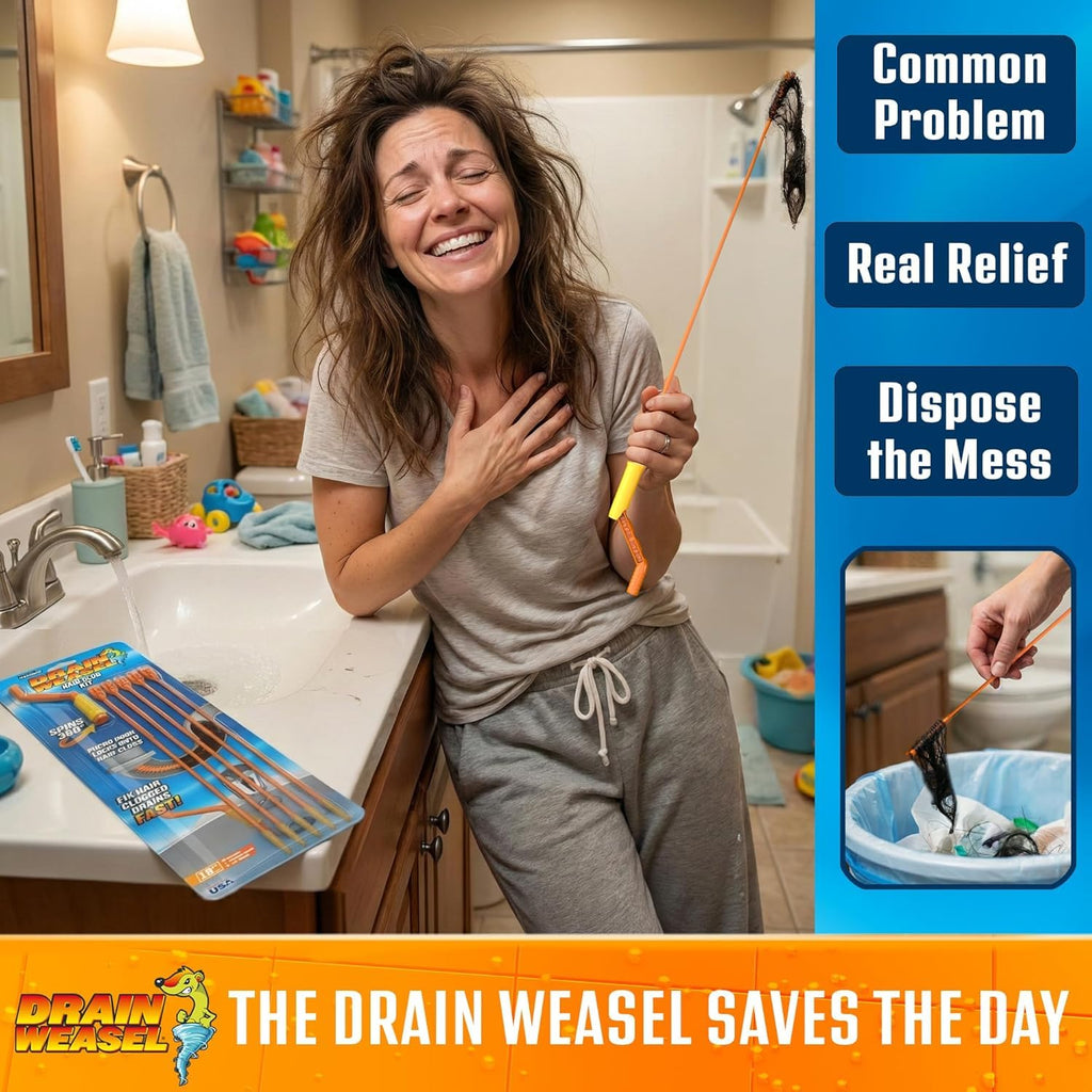 FlexiSnake Drain Weasel Sink Snake Hair Clog Remover Tool Kit, 3 Wands