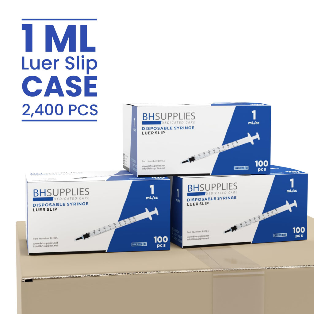 Bulk Case: BH Supplies 1mL Sterile Luer Slip Syringe - Individually Wrapped (2400 Syringes, 24 Boxes of 100 Units)