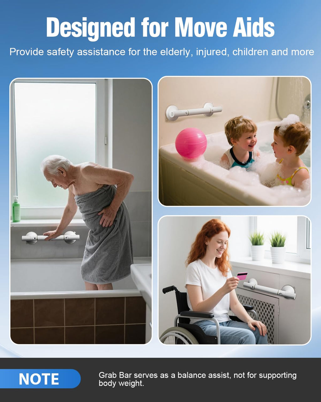 DOZAWA Grab Bars for Shower 2 Pack, Heavy Duty Shower Handles for Elderly Suction Removable, 17.7 Inch No-Drill Bathroom Safety Bars for Seniors & Handicap Assist