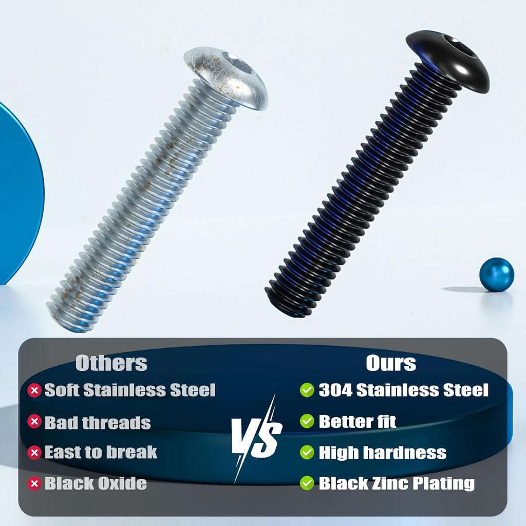 VGBUY 18Pcs 3/8-16 x 3/4" Button Head Socket Cap Bolts Screws, 304 Stainless Steel 18-8, Black Zinc Plated, Fully Threaded, with Spanner Allen Hex Drive