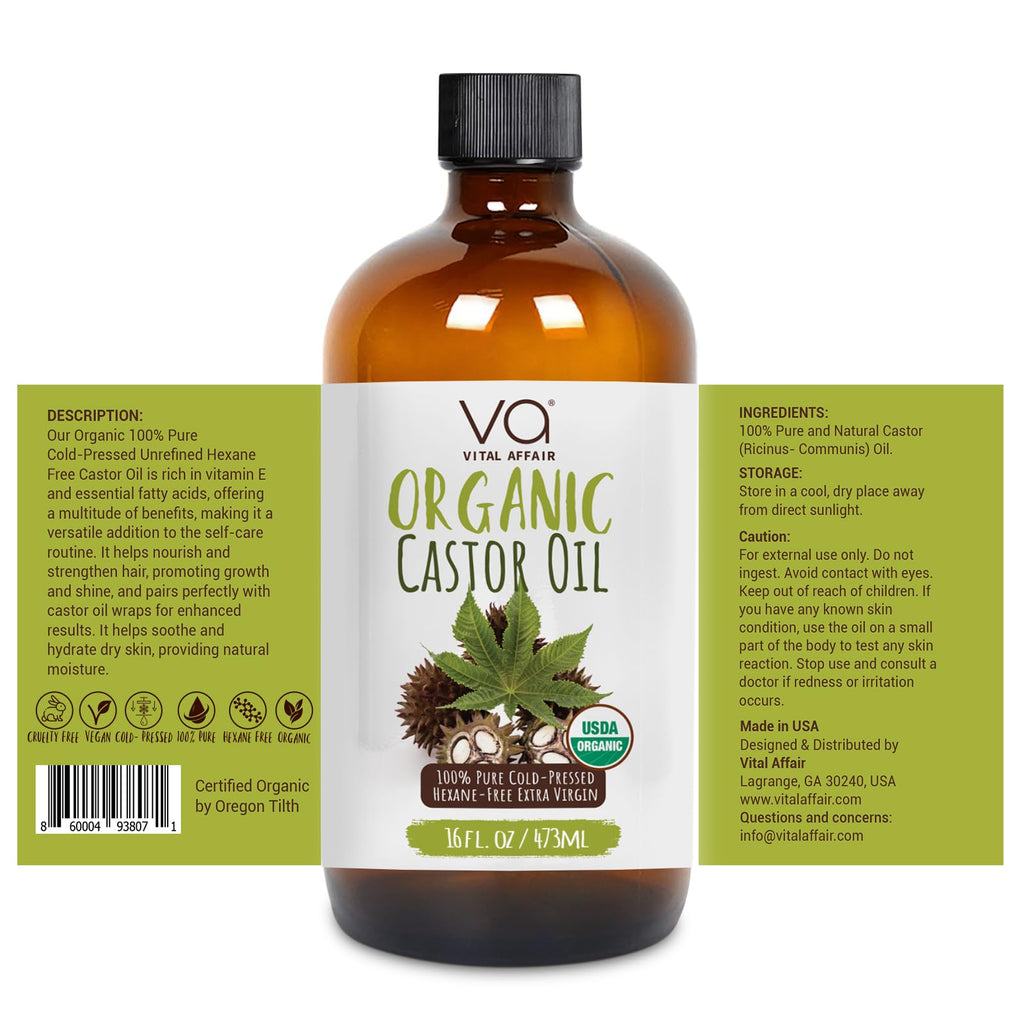 VITAL AFFAIR Pure Castor Oil Organic Cold Pressed Unrefined Glass Bottle-USDA Certified for Castor Oil Pack Wrap for Face,Hair Growth,Eyelashes,Eyebrows-16oz