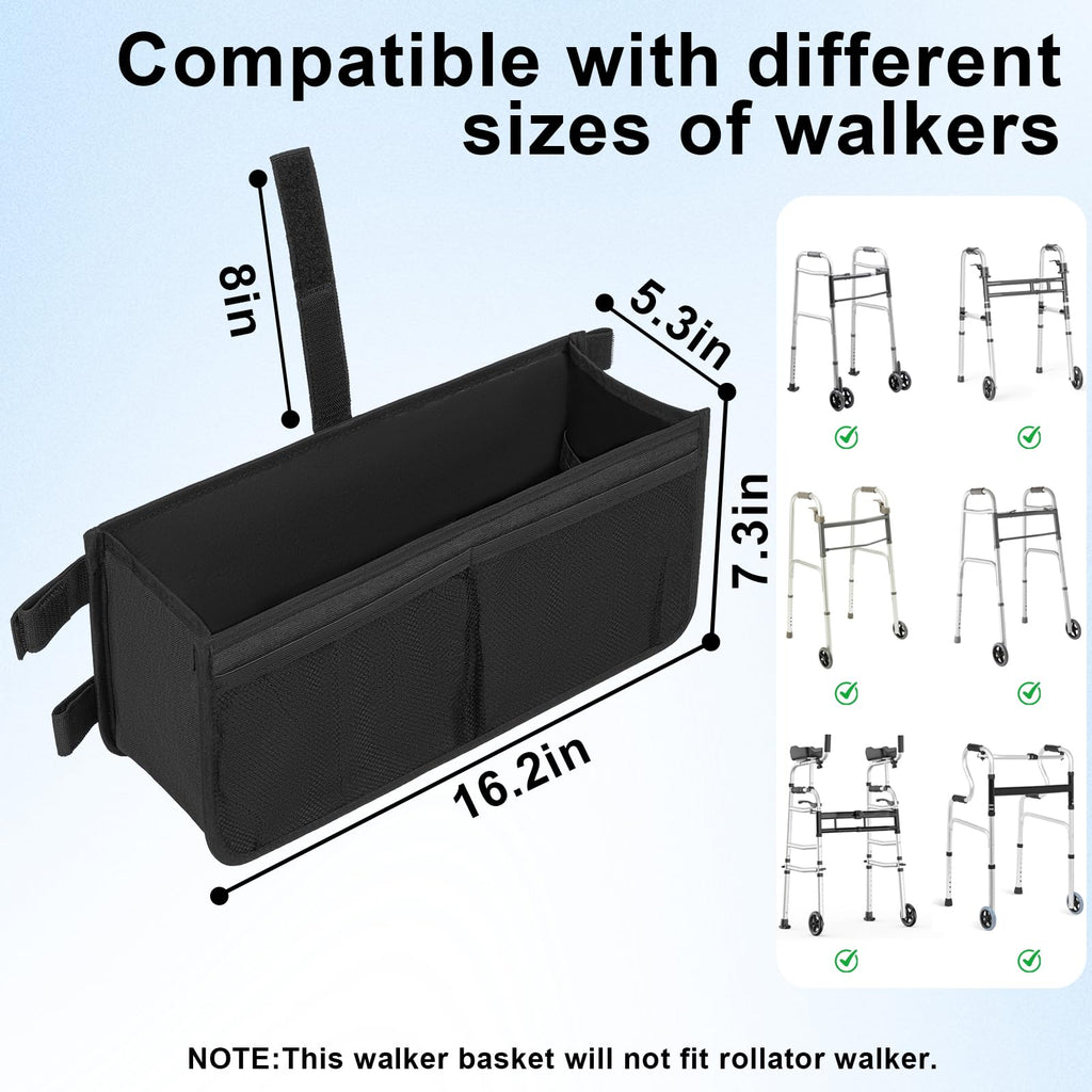 FREEAMG Walker Basket for Folding Walker, Large Capacity Foldable Walker Bag, Walker Storage Bag With Cup Holder, Detachable Walker Accessories Basket for Seniors (Black)