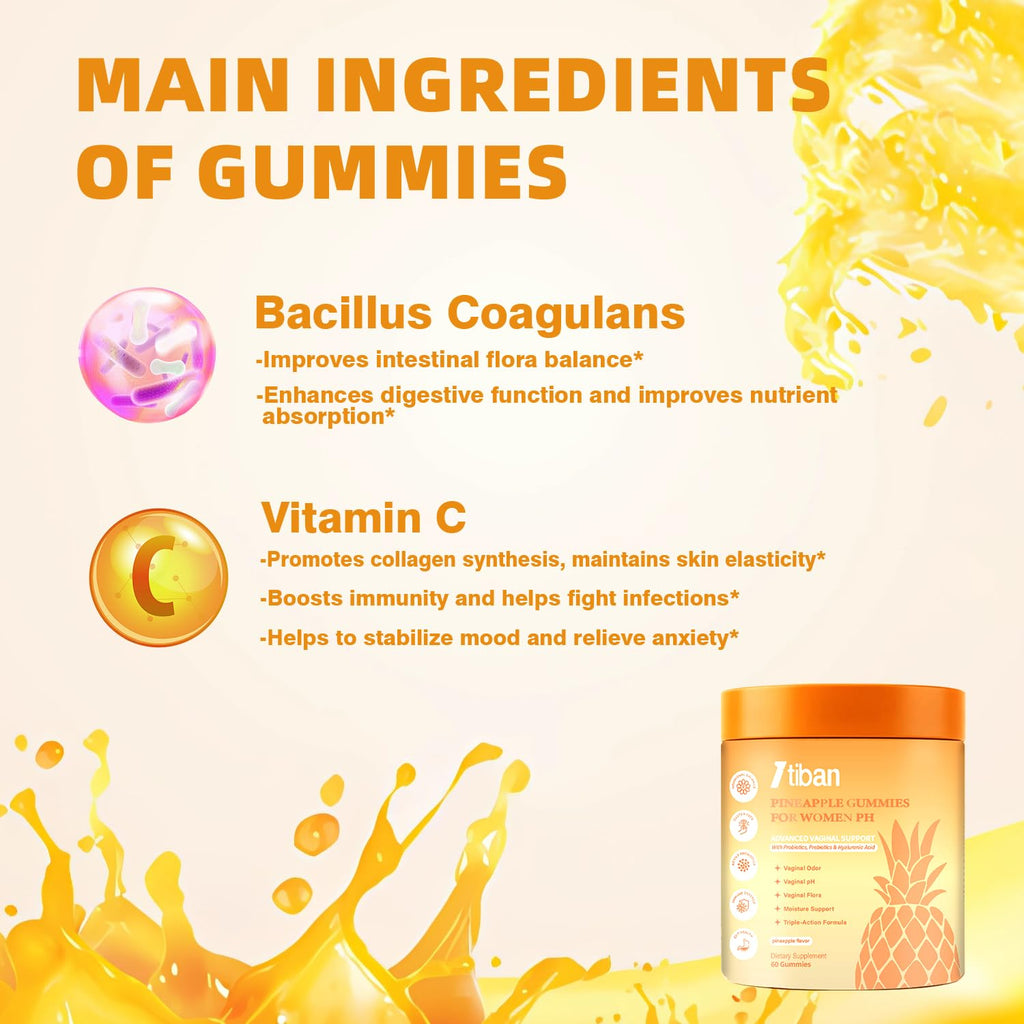 Itiban Pineapple Gummies for Women pH, Premium Feminine pH Balance Gummy, Vaginal Probiotics, Immune Support, Vegan, Gluten-Free, 60 Gummies 30 Servings