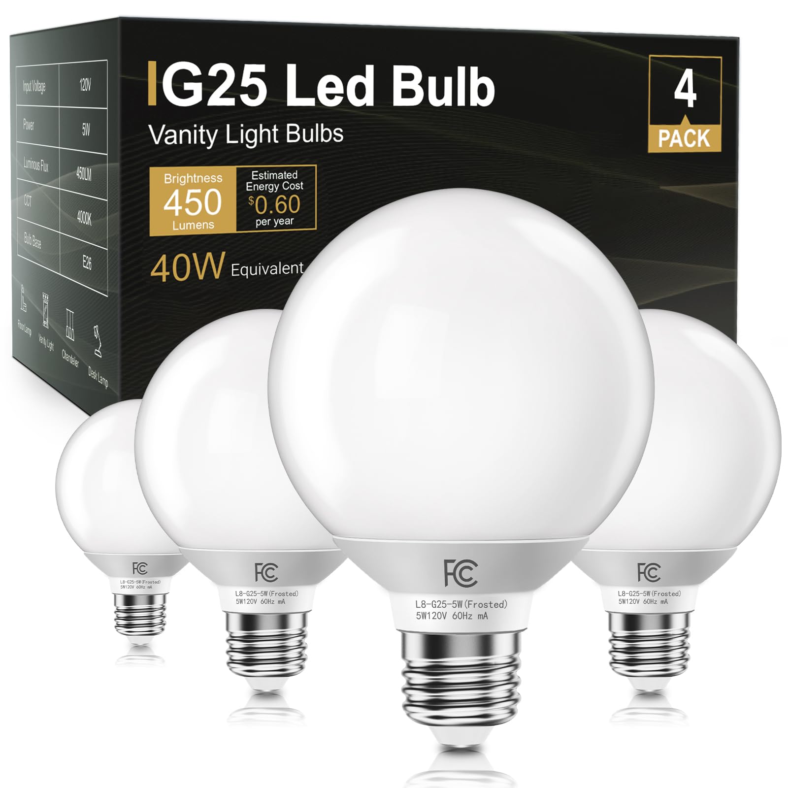 TJOY G25 LED Globe Light Bulbs, Vanity Light Bulb for Bathroom 40W Equivalent, 4000K Natural White E26 Base, Round Decorative Bulb for Vanity Makeup Mirror, CRI85+, 450LM, Non-Dimmable, UL, 4 Pack