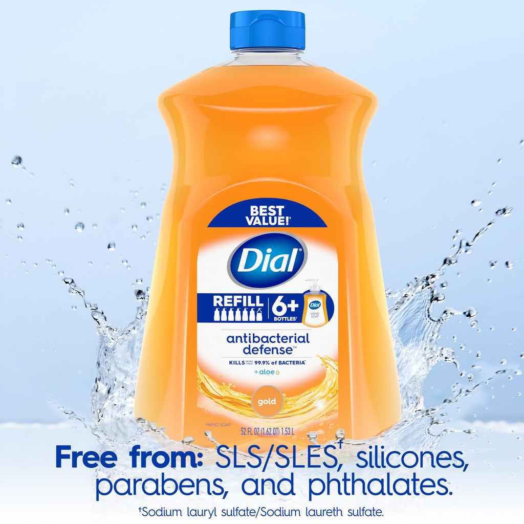 Dial Antibacterial Defense Liquid Hand Soap + Aloe, Gold Scent, 52 Fl Oz Hand Soap Refill (3 Count), Dermatologist-Tested, Gentle Formula