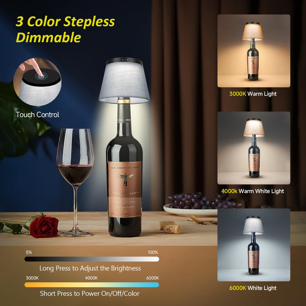 Hoide 2025 New Bottle Lamp - LED Bottle Lights for Liquor & Wine Bottles, Cordless Lampshade, Whiskey Bottle Top Light, Bottle Stopper Night Light Kit, Rechargeable 3-Tone Touch-Dimmable