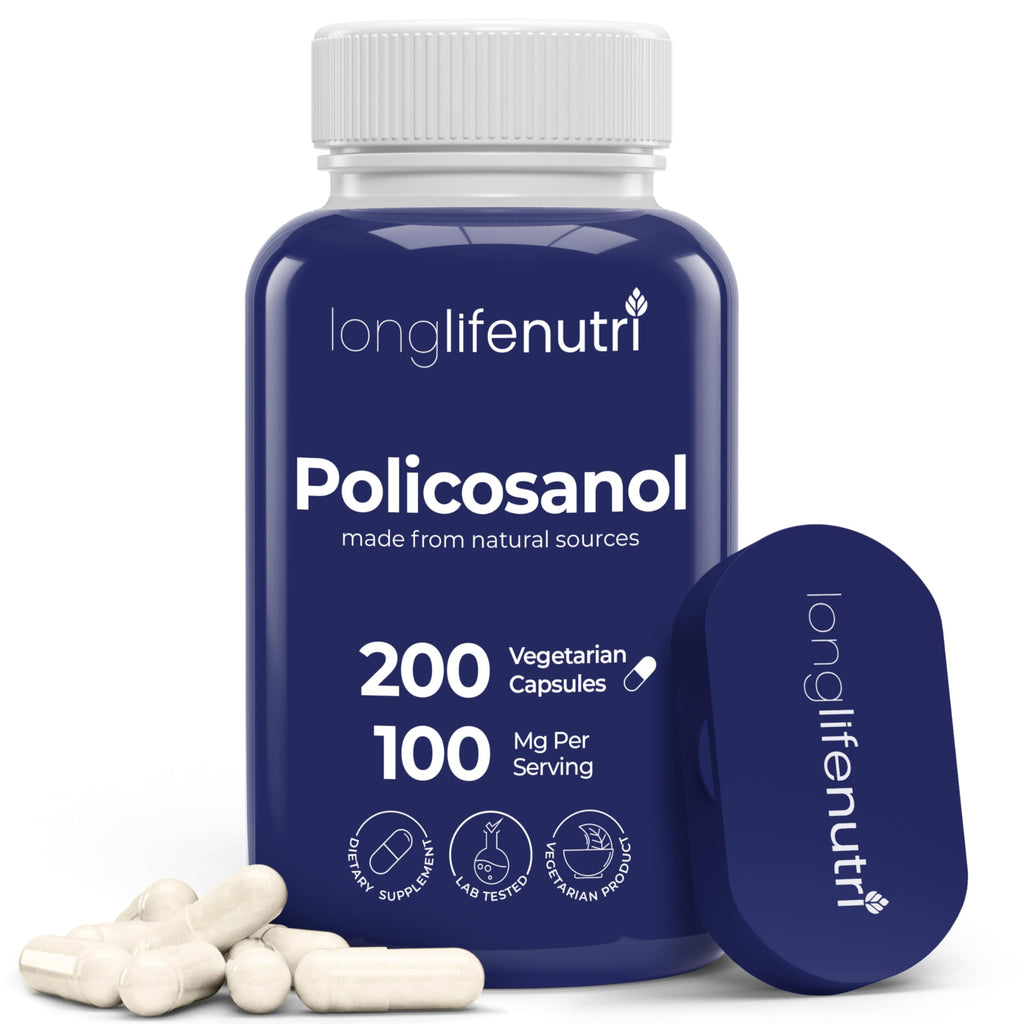 LongLifeNutri Policosanol 100mg - 200 Vegetarian Capsules, Natural Sugar Cane Supplement for Balanced Cholesterol, 3-Month Supply, Non-GMO, Lab Tested, Made in USA