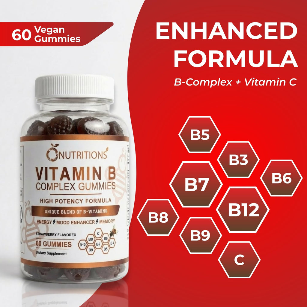 O NUTRITIONS Vitamin B Complex Gummies for Women & Men – High Potency B12 (833% DV) & Biotin – Energy, Mood & Metabolism Support – Vegan Strawberry Gummy Vitamins – 60 Gummies, 2-Month Supply
