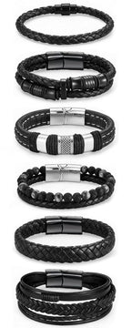 Tiwindx 6 Pcs Leather Bracelet for Men Black Braided Steel Cuff Layered Bracelets Men's Braided Bracelet Set