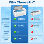 Ultrasonic Cleaner, 48kHz Ultrasonic Jewelry Cleaner Machine for Eyeglasses, Jewelry, Rings, Watch Straps, Dentures and More, Dual Cleaning Modes & 304 Stainless Steel Tank, 400ML Capacity, White