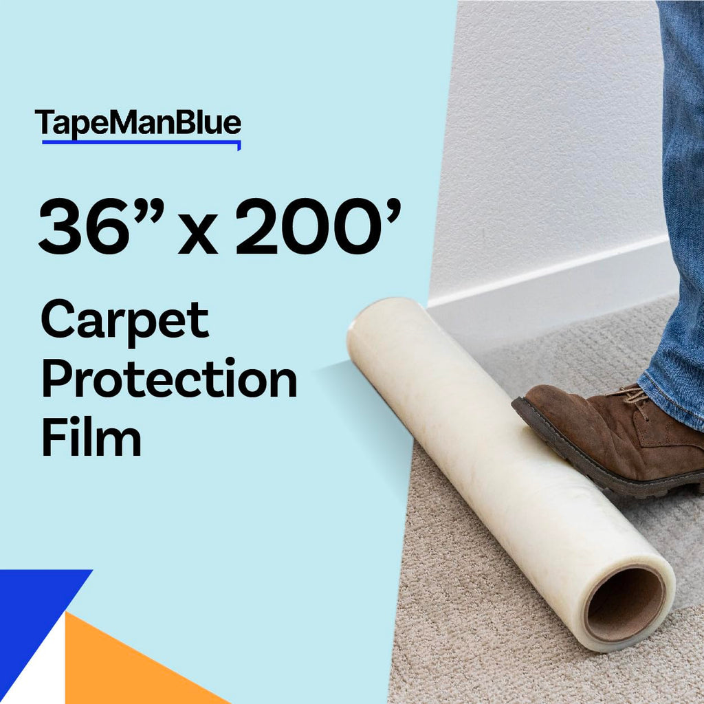 TapeManBlue Carpet Protection Film 36" x 200' roll, Self Adhesive Plastic Carpet Protector Film with Clean Removal & Easy Unwind, Durable Protection Tape to Shield Your Surface from Dirt and Spills