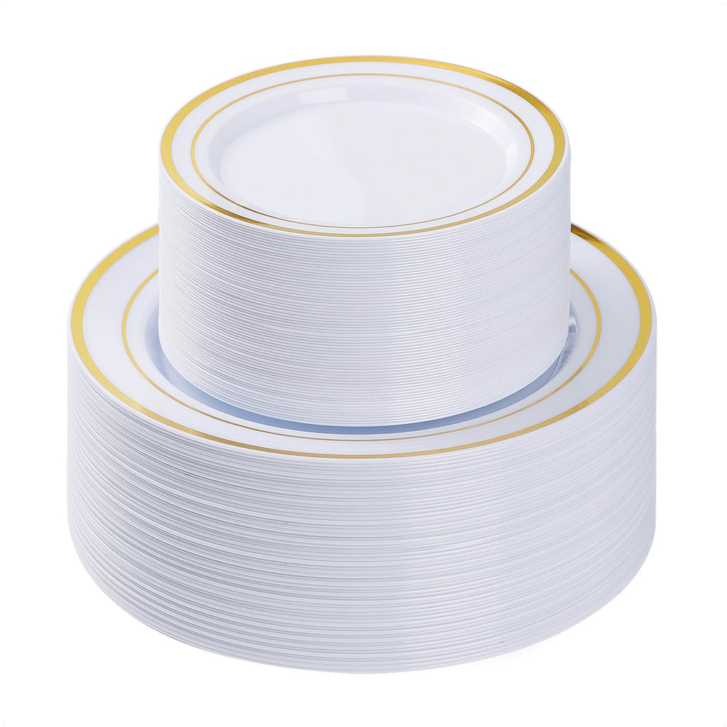 BESTVIP 100PCS Gold Plastic Plate, Disposable Party Plates with 50 Dinner Plates and 50 Dessert Plates, Plastic Plate for Parties, Wedding and Birthday