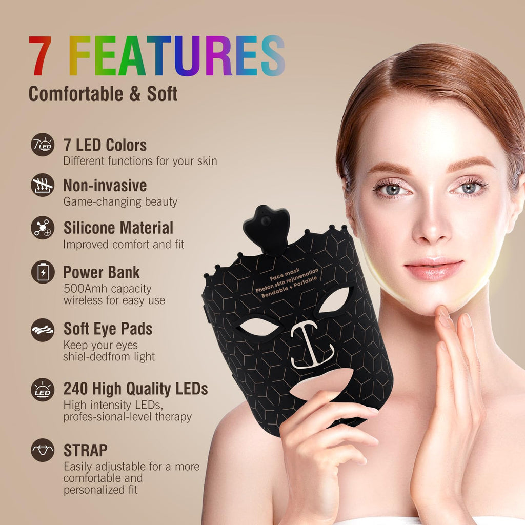 ANGAUSS 7 Color Red Light Therapy Mask, Wireless LED Face Mask Light Therapy with Eye Protection Cushion, Lightweight Soft Silicone Red Light Therapy for Face for Wrinkle Reduction Anti Aging