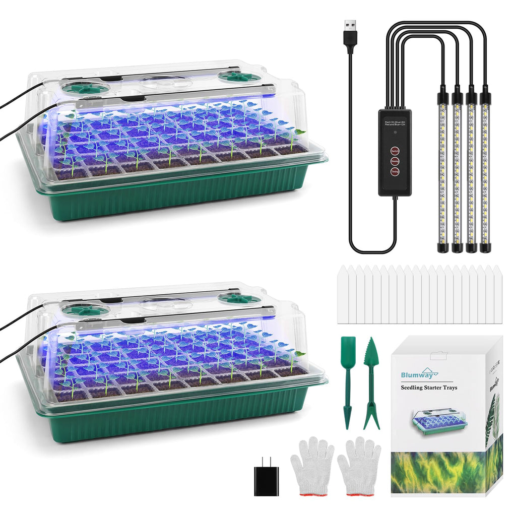 BlumWay Seed Starter Tray with Grow Light, Humidity Dome, 2 Pack 80 Cells