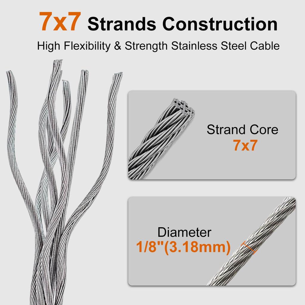 Rectoo 1/8" wire cable, 100ft Wire Rope Metal Cable With Loop Sleeve And Steel Thimble, 7x7 marine stainless steel Strand Core Perfect For Deck Railing System, Outdoor hanging kit, garden fence (SR03)