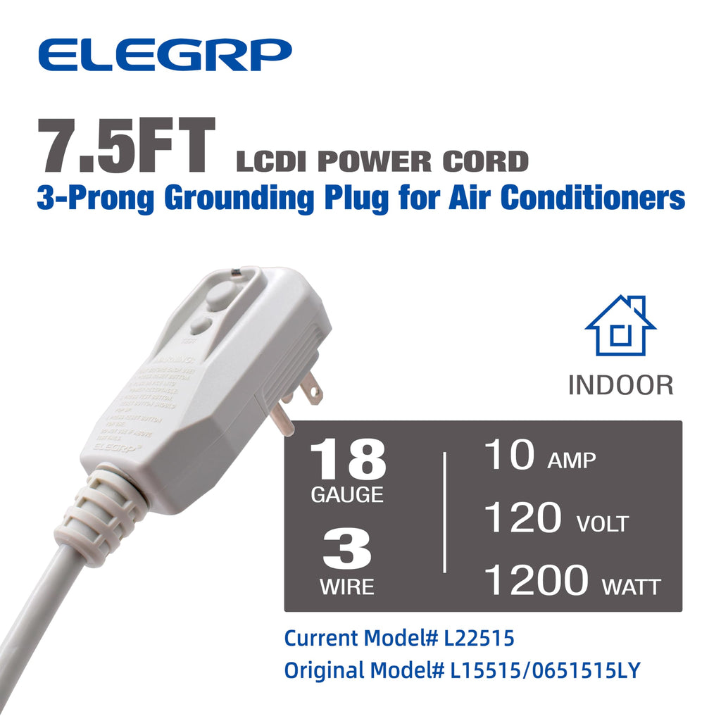 ELEGRP 0651510LY L15515 L22515 18AWG LCDI Power Cord Plug for A/C Air Conditioner, E250451 UL Certified, 7.5FT Leakage Current Detection Interrupter Replacement, 120V 10A 1200W 60Hz NEMA 5-15P, 1 Pack