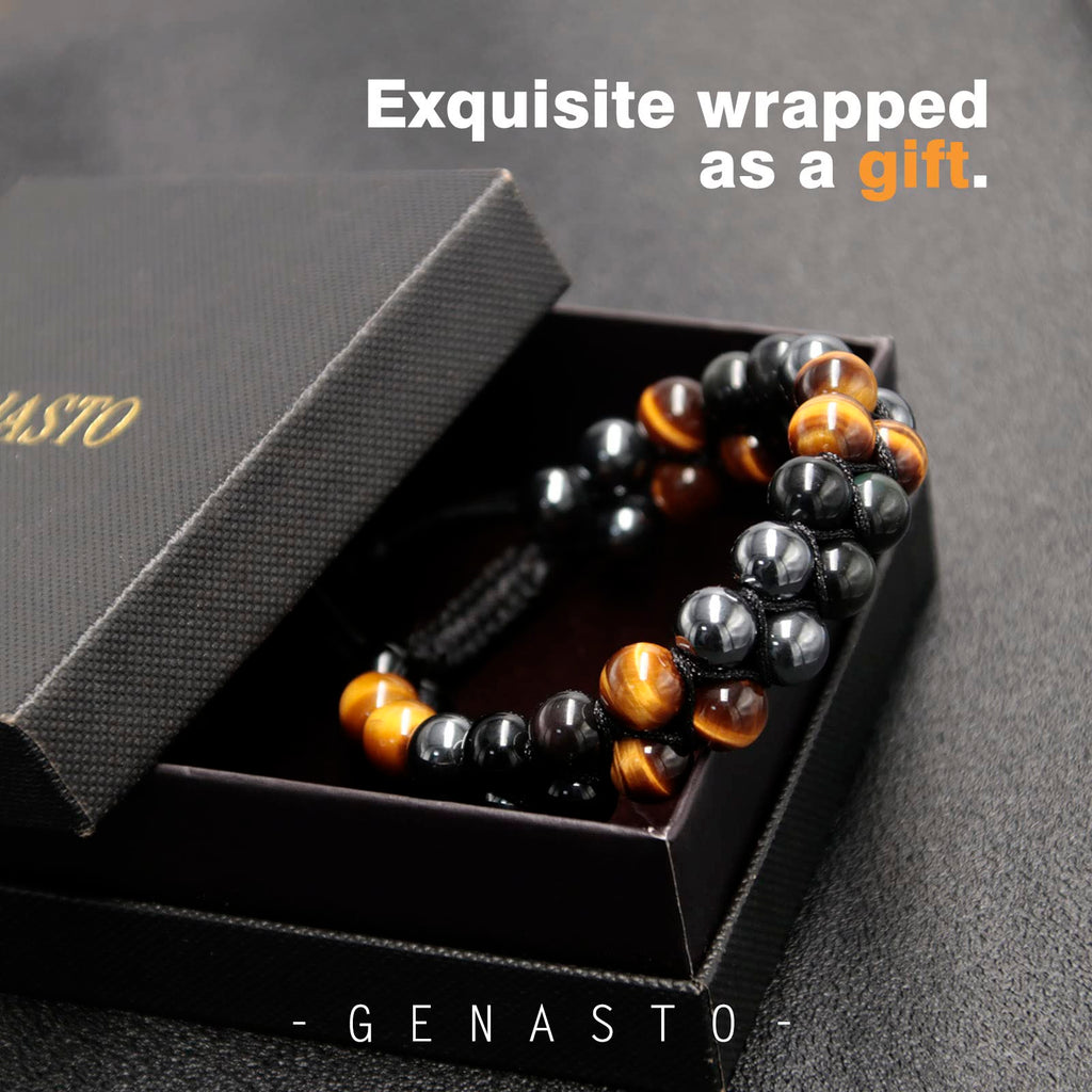GENASTO Healing Crystals Tigers Eye Black Obsidian Hematite 8mm Stone Beads Good Luck Triple Protection Bracelet for Men Women
