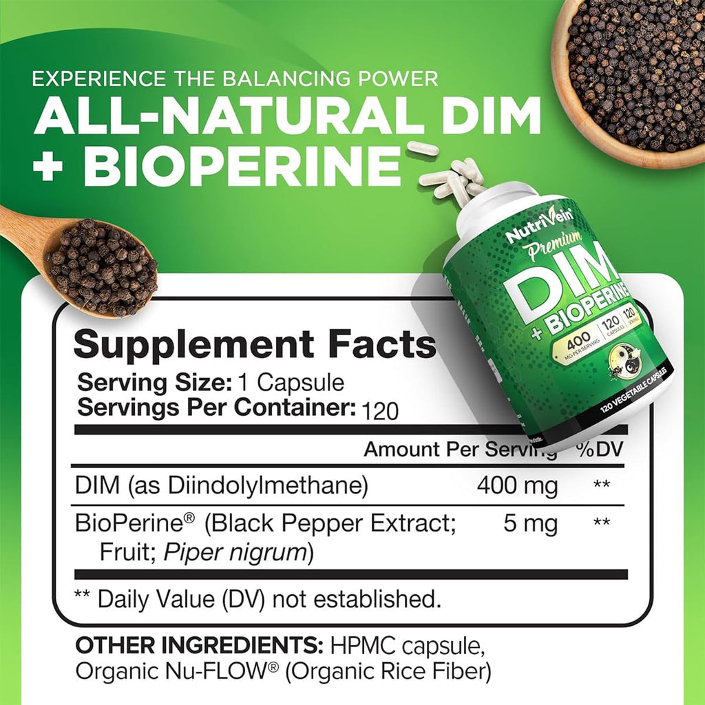 Nutrivein Premium DIM Supplement 400 mg Daily - 120 Servings (120 Capsules): Diindolylmethane for Women and Men - Plus Bioperine - Estrogen Supplement - Menopause and Middle Age Support