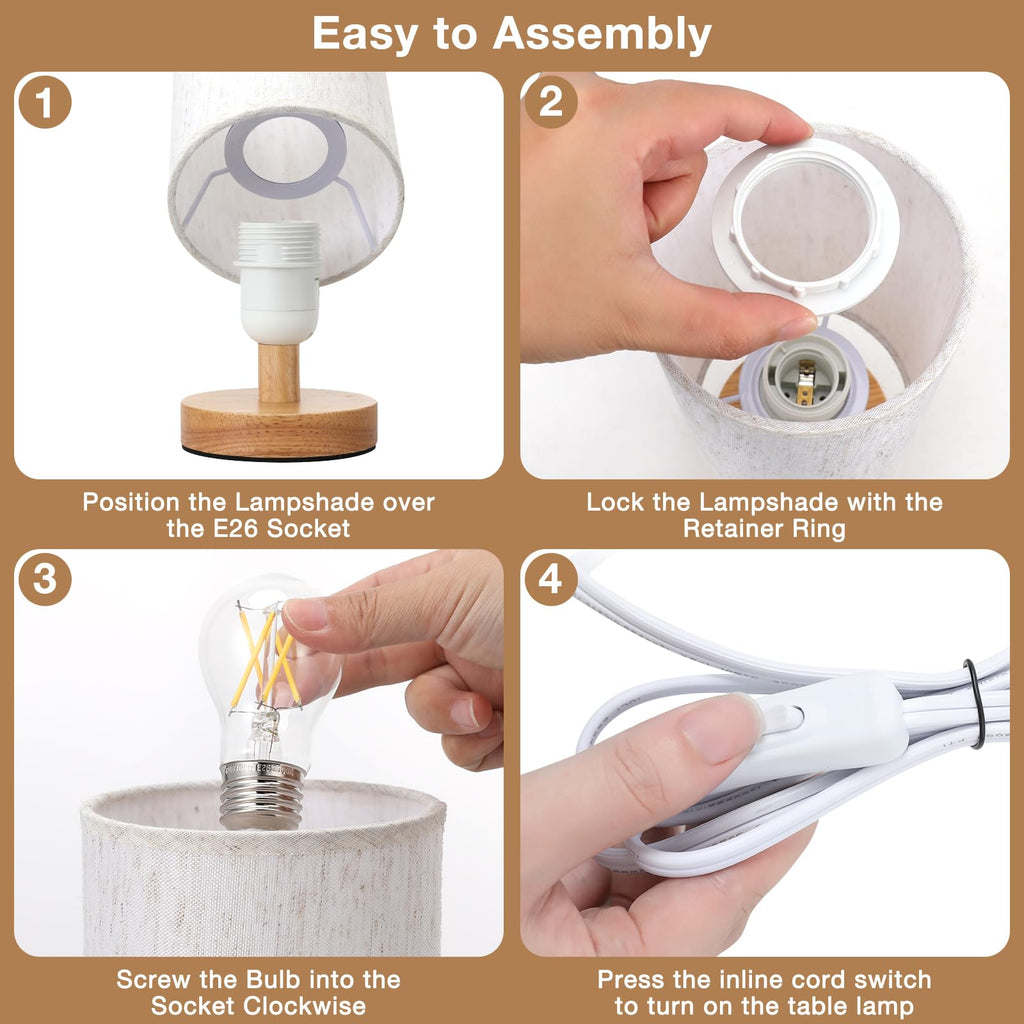 Fenmzee Small Lamps Set of 2 - Inline Control, Bedside Table Lamp for Bedroom with 3000K A15 LED Blub, Easy Assembly (Cream Shade - Wood Base Set of 2, 9" Inline Control)