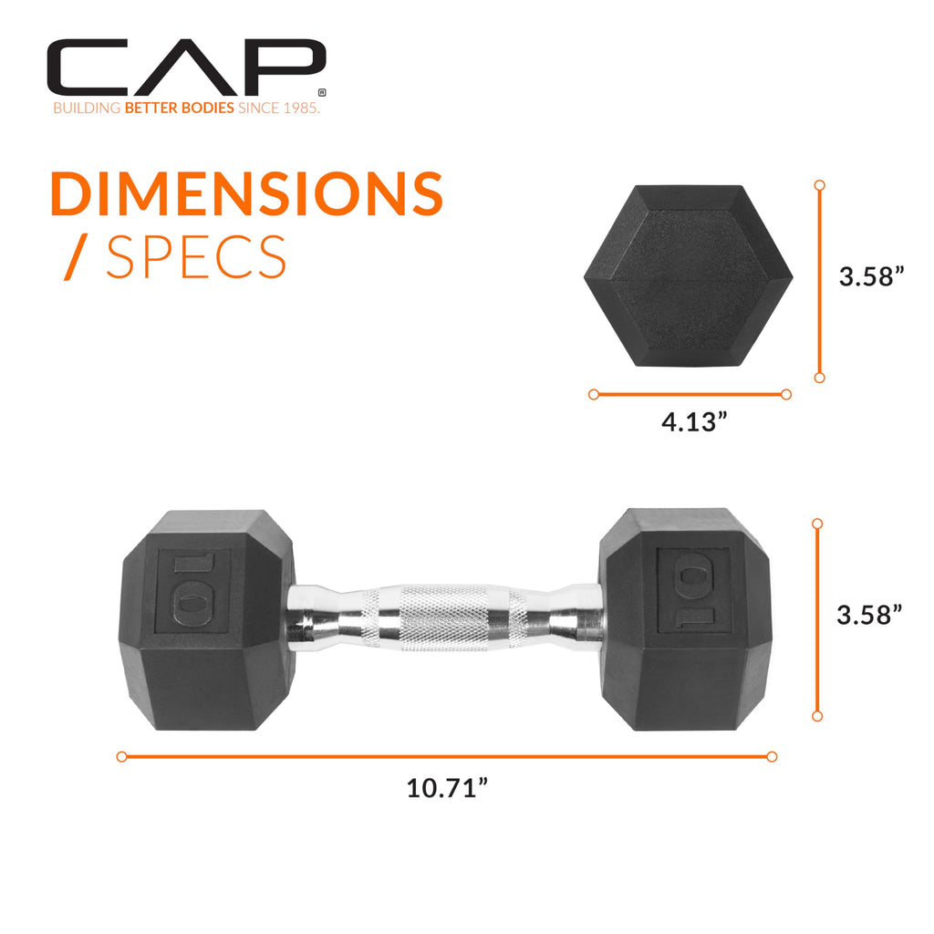 CAP Barbell 10 LB Rubber Coated Hex Dumbbell Hand Weight - Pair | Chrome Handle