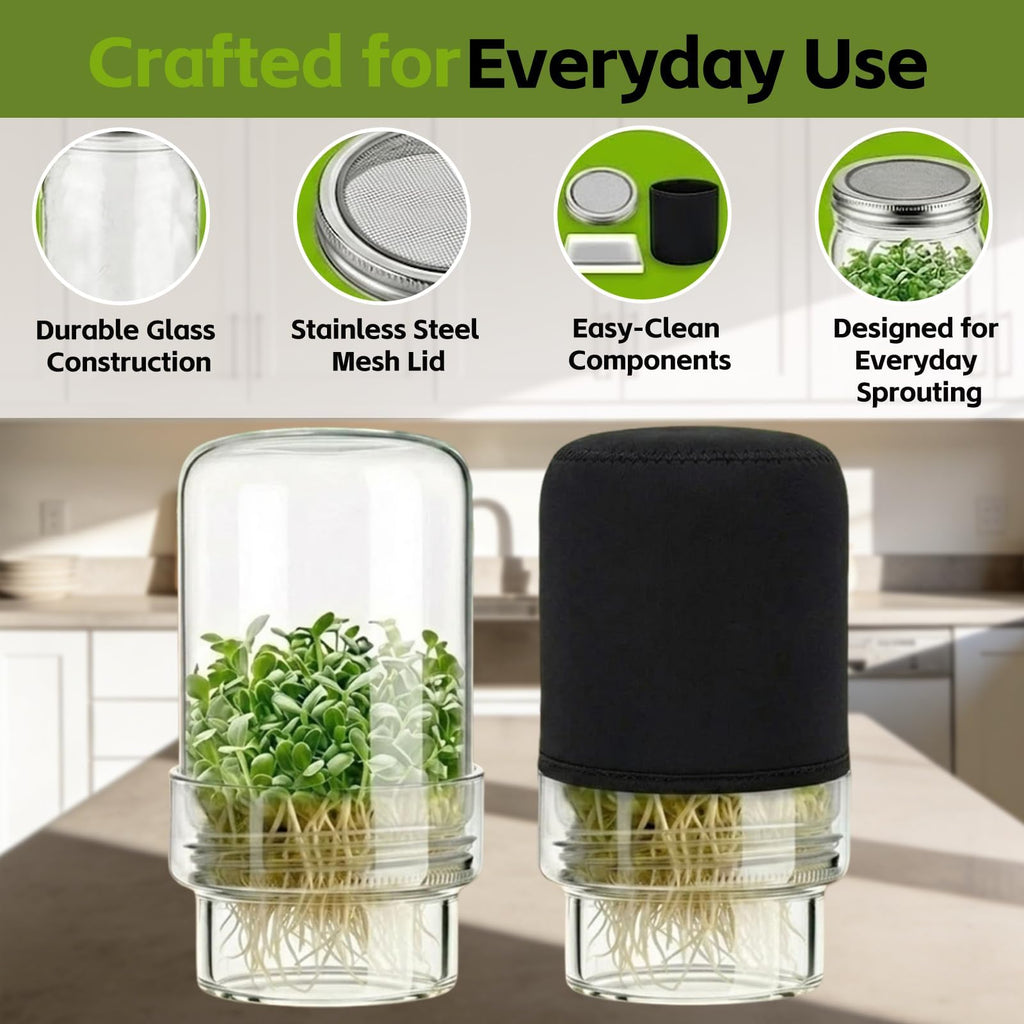 DWETG Sprouting Jar Kit, 2 Pack Wide Mouth Mason Jar Sprouter with Stainless Stee Screen Lids & Mess-Free Drip Covers Complete Indoor Microgreens Growing Kit Broccoli Alfalfa Gardening Gift