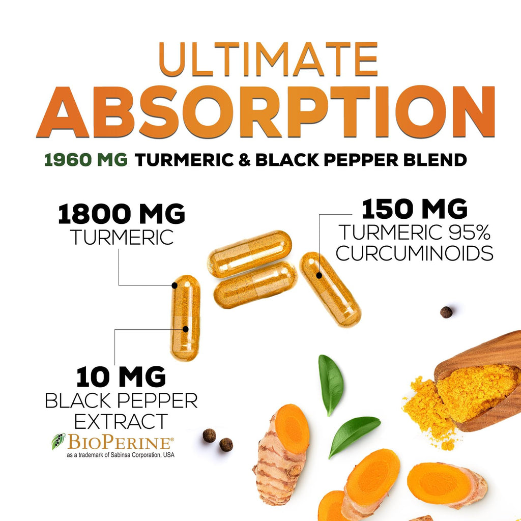Turmeric Curcumin Supplement 95% Curcuminoids 1950mg with Organic Turmeric & BioPerine Black Pepper Extract for Best Absorption, Natural Vegan Joint Support, Non-GMO, Bottled in USA - 180 Capsules