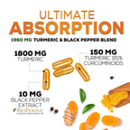 Turmeric Curcumin Supplement 95% Curcuminoids 1950mg with Organic Turmeric & BioPerine Black Pepper Extract for Best Absorption, Natural Vegan Joint Support, Non-GMO, Bottled in USA - 180 Capsules