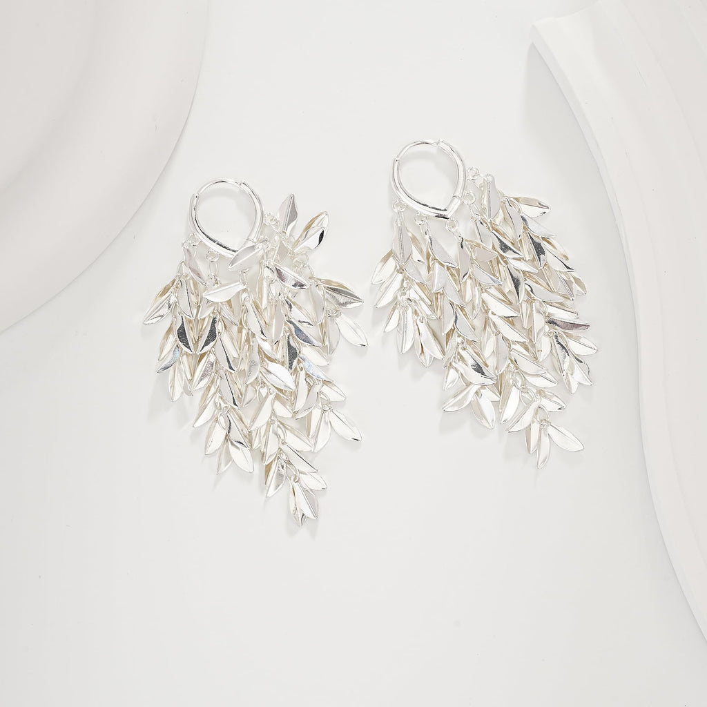 Sylph Silver Chandelier Earring for Women Copper, Long Tassel Dangle Drop Earrings, Leaf Huggie Earring Bohemian Jewelry Gifts for Everyday Wear