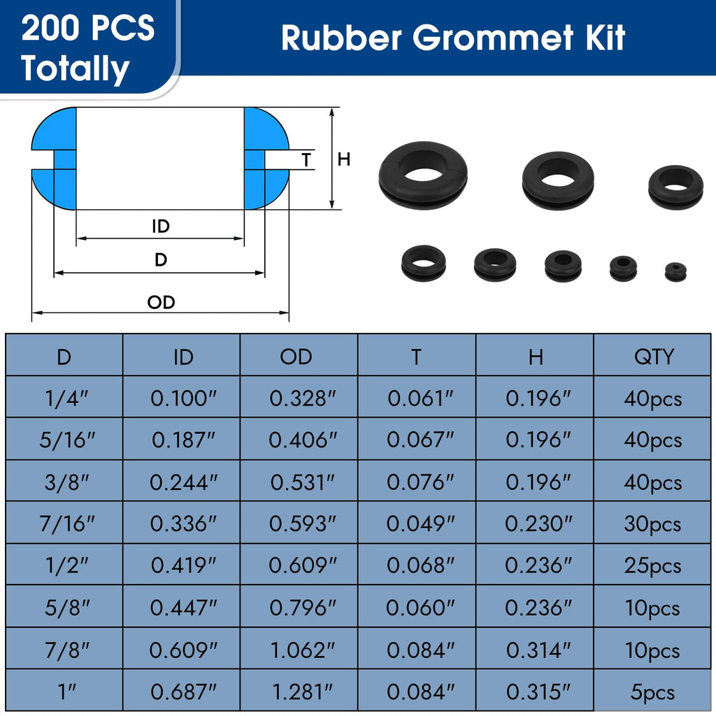 200pcs Rubber Grommet Kit, Hollow Rubber Grommets, 8 Sizes Wire Grommets