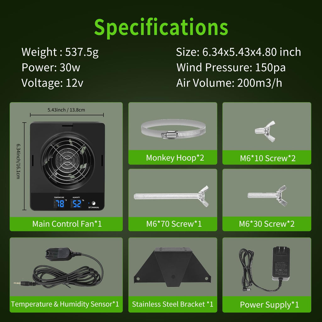 DAOTAILI 4-Inch Grow Tent Inline Duct Fan, Automatic Temperature & Humidity Sensing Control, Ventilation System for Grow Tents, Greenhouses
