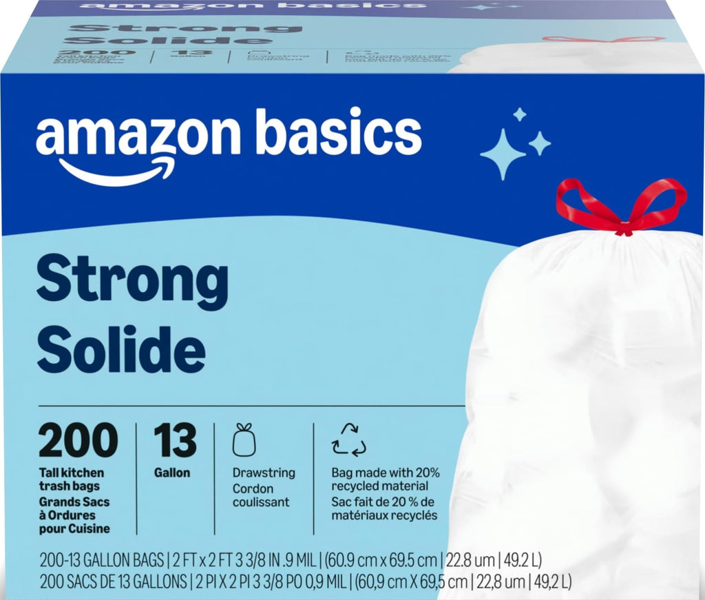 Amazon Basics Trash Bags, Tall Kitchen Drawstring, Unscented, 13 Gallon, 200 Count, Pack of 1, Packaging May Vary