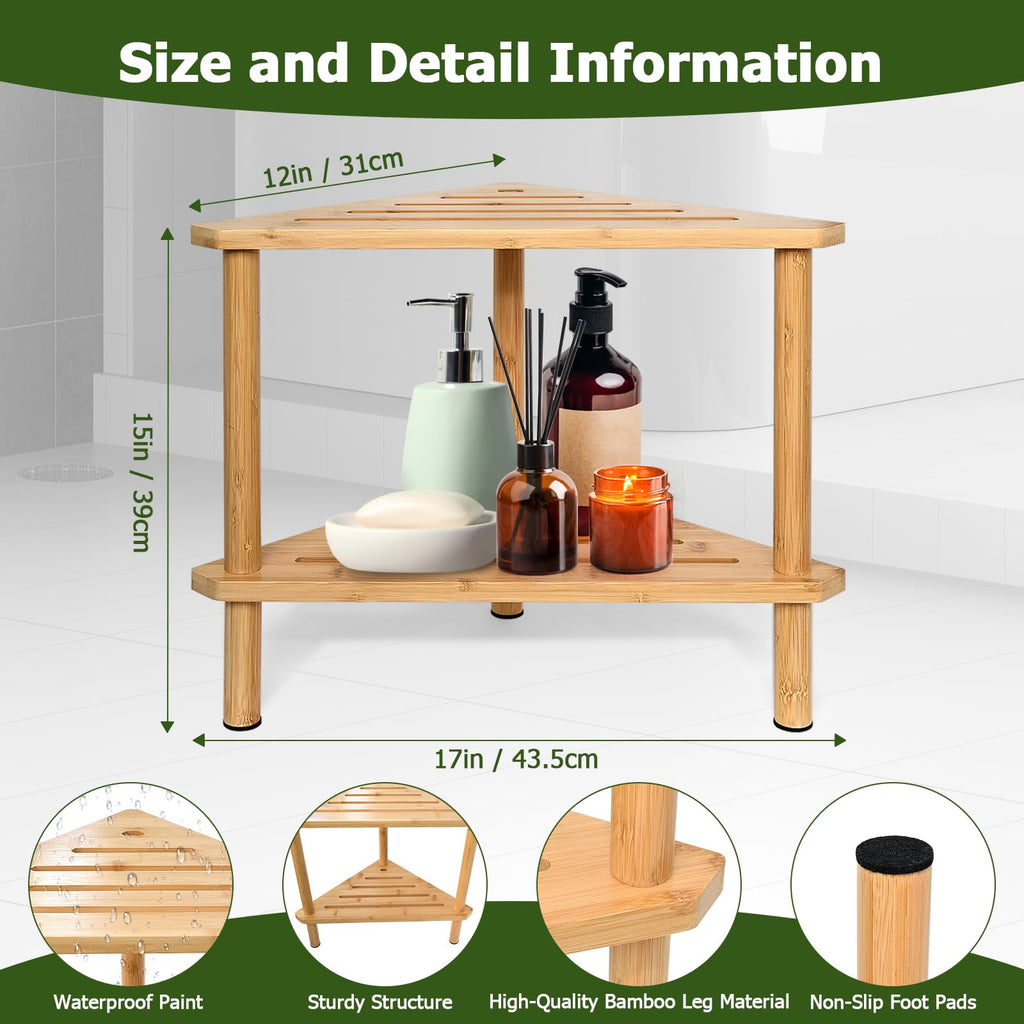 Yoshiky Shower Foot Rest 15in, Shower Stool for Shaving Legs, Waterproof Wood Corner Shower Stool with Storage Shelf for Inside Small Shower Spaces, Bamboo
