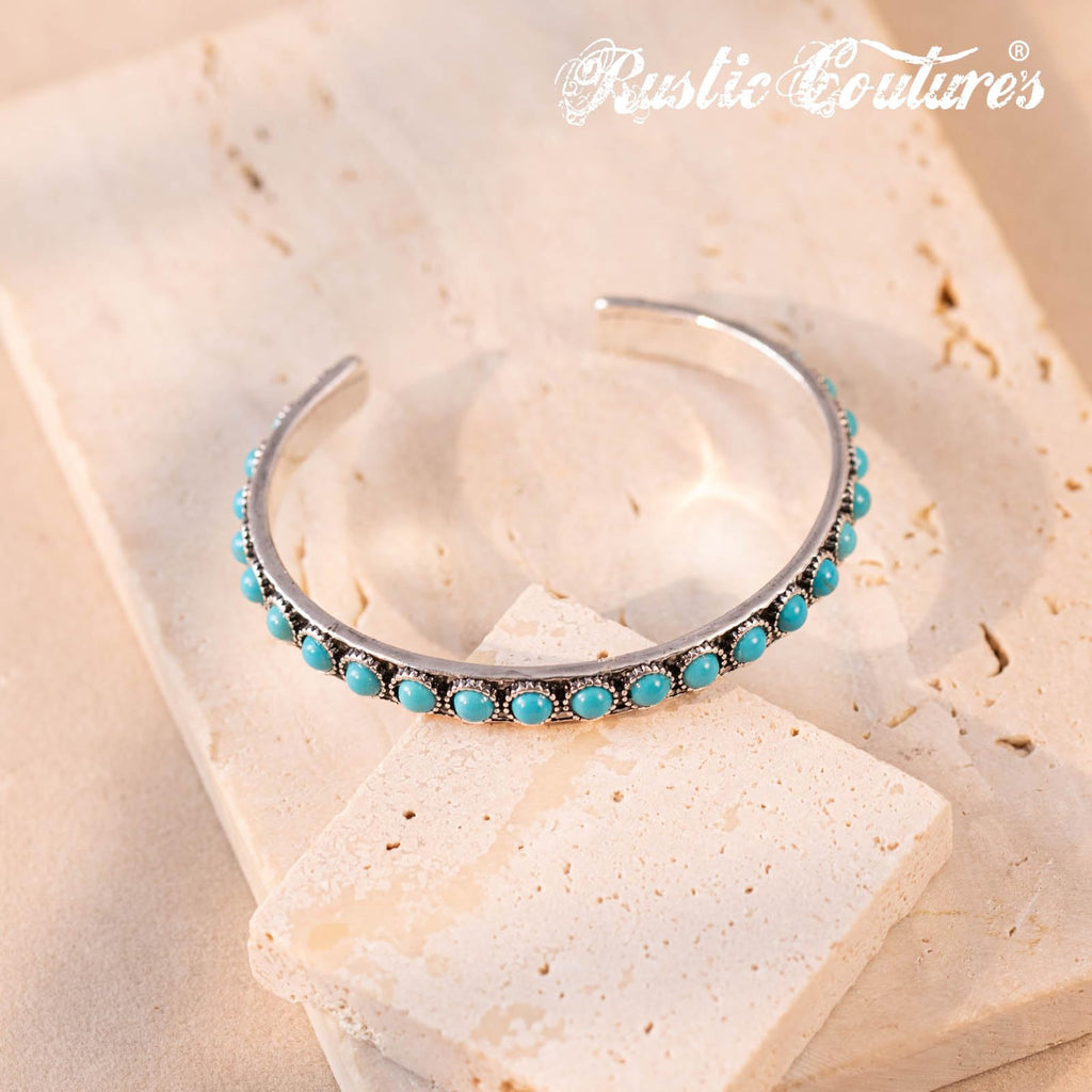 Montana West Women Silver Single Row Round Turquoise Open Cuff Bracelet