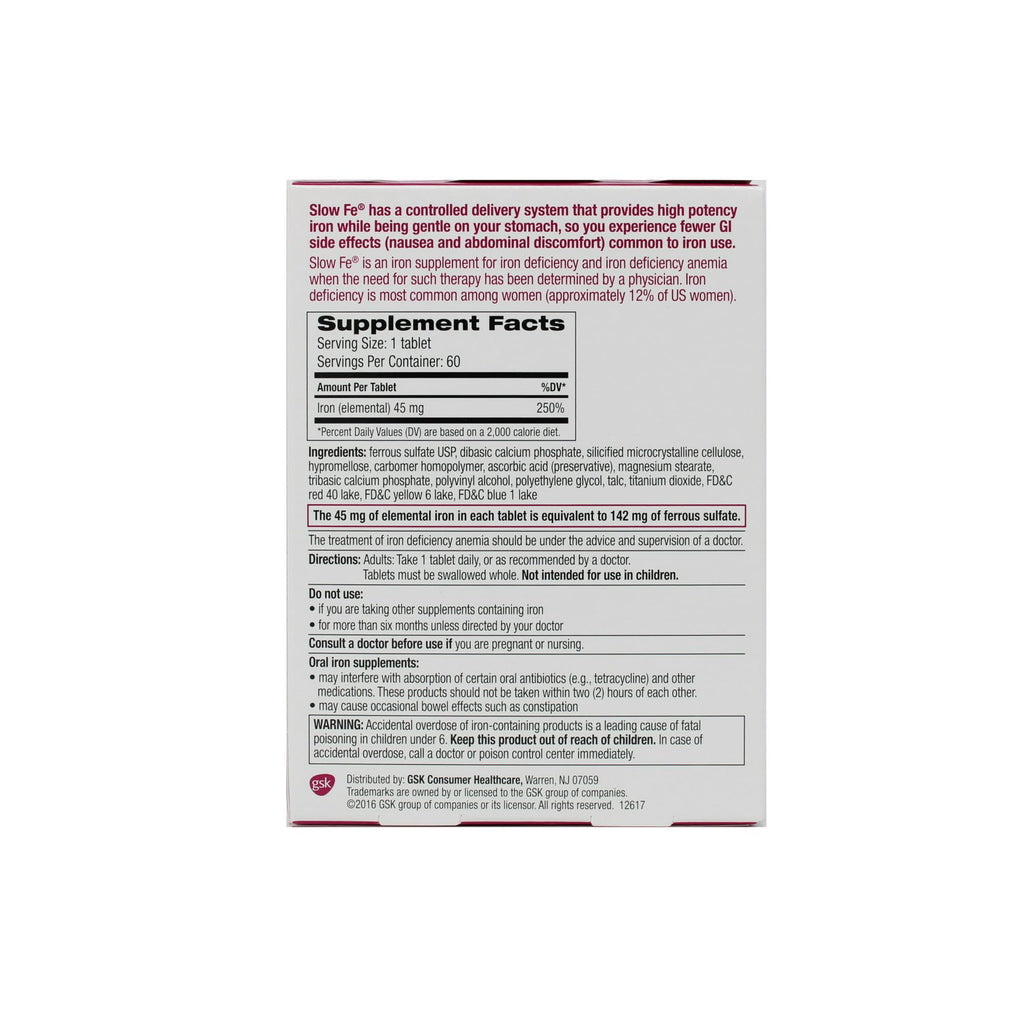 Slow Fe, High Potency Iron 45 mg, Slow Release - 60 Tablets - Pack of 3