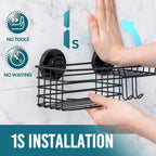 TAILI Shower Caddy Suction Cup with Hooks and Soap holder, Heavy Duty Bathroom Shower Organizer, No Drilling Bathroom Holder with Large Capacity, Metal Black Storage Basket