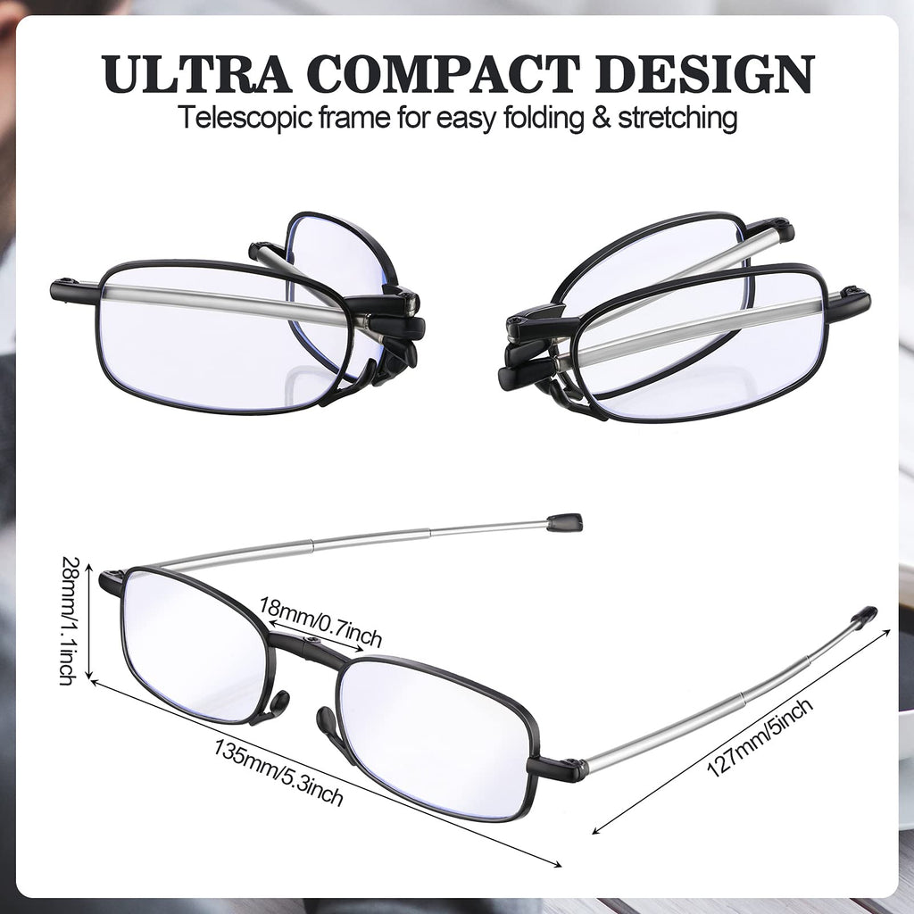 TOODOO 4 Pairs Blue Light Blocking Reading Glasses Folding Reading Glasses, Small Folding Readers for Men Women (Black, 1.5)