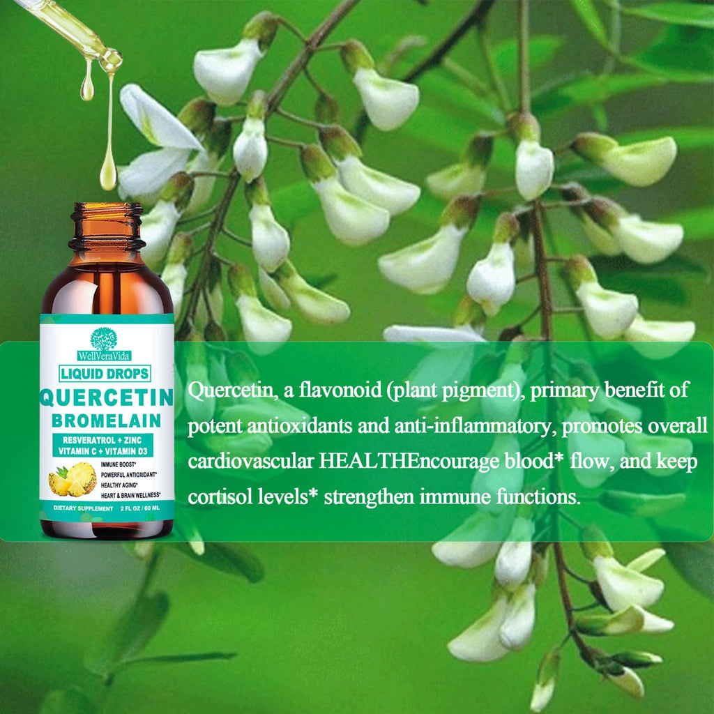 Quercetin with Bromelain Liquid Drops, 4X Stronger Than Capsules & Pills, 7-in-1 Organic Zinc Quercetin 1000mg with Bromelain 500mg Vitamin C D3 Immune Support for Respiratory Health & Antioxidant