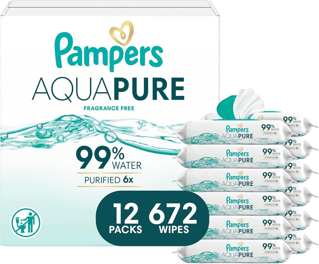 Pampers Aqua Pure Baby Wipes, Unscented, Fragrance Free, 99% Water, Water Based, Multi-Use, 672 Wipes Total (12X Flip-Top Packs)