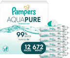 Pampers Aqua Pure Baby Wipes, Unscented, Fragrance Free, 99% Water, Water Based, Multi-Use, 672 Wipes Total (12X Flip-Top Packs)